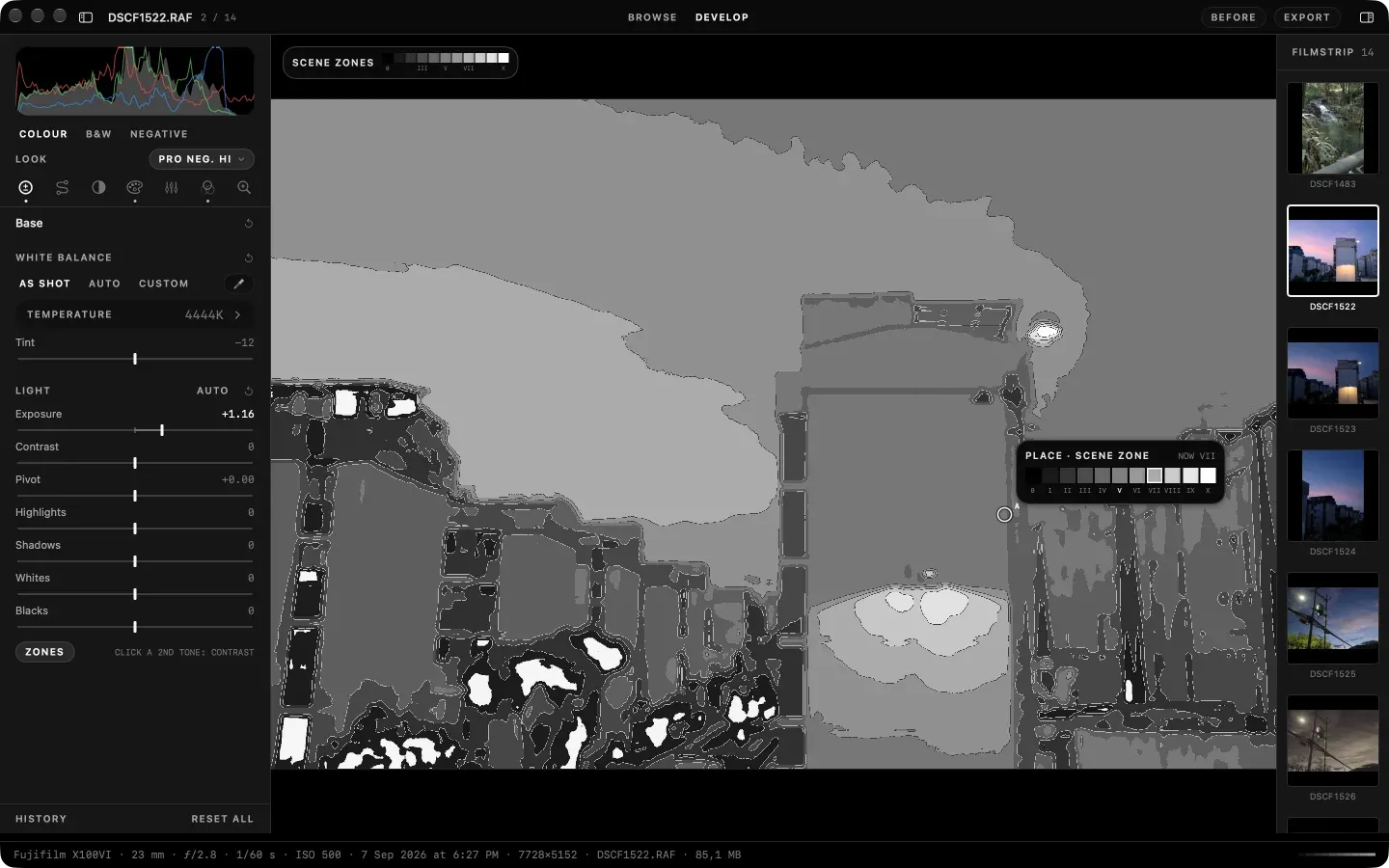 The Zones overlay, dark appearance: the dusk street as flat grey regions with the placement wedge open on the lit wall