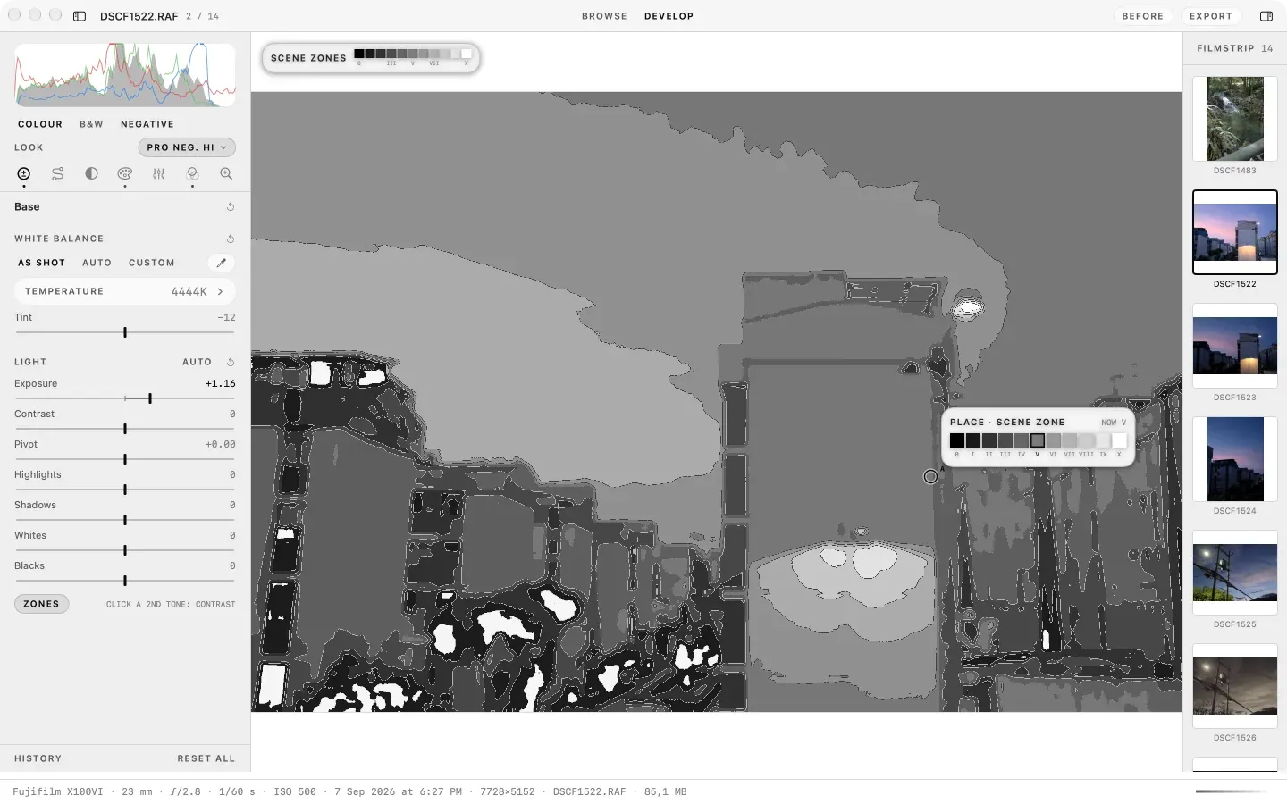 The Zones overlay: the dusk street as flat grey regions, the scene zones strip above the canvas, and the placement wedge open on the lit wall with zone V picked