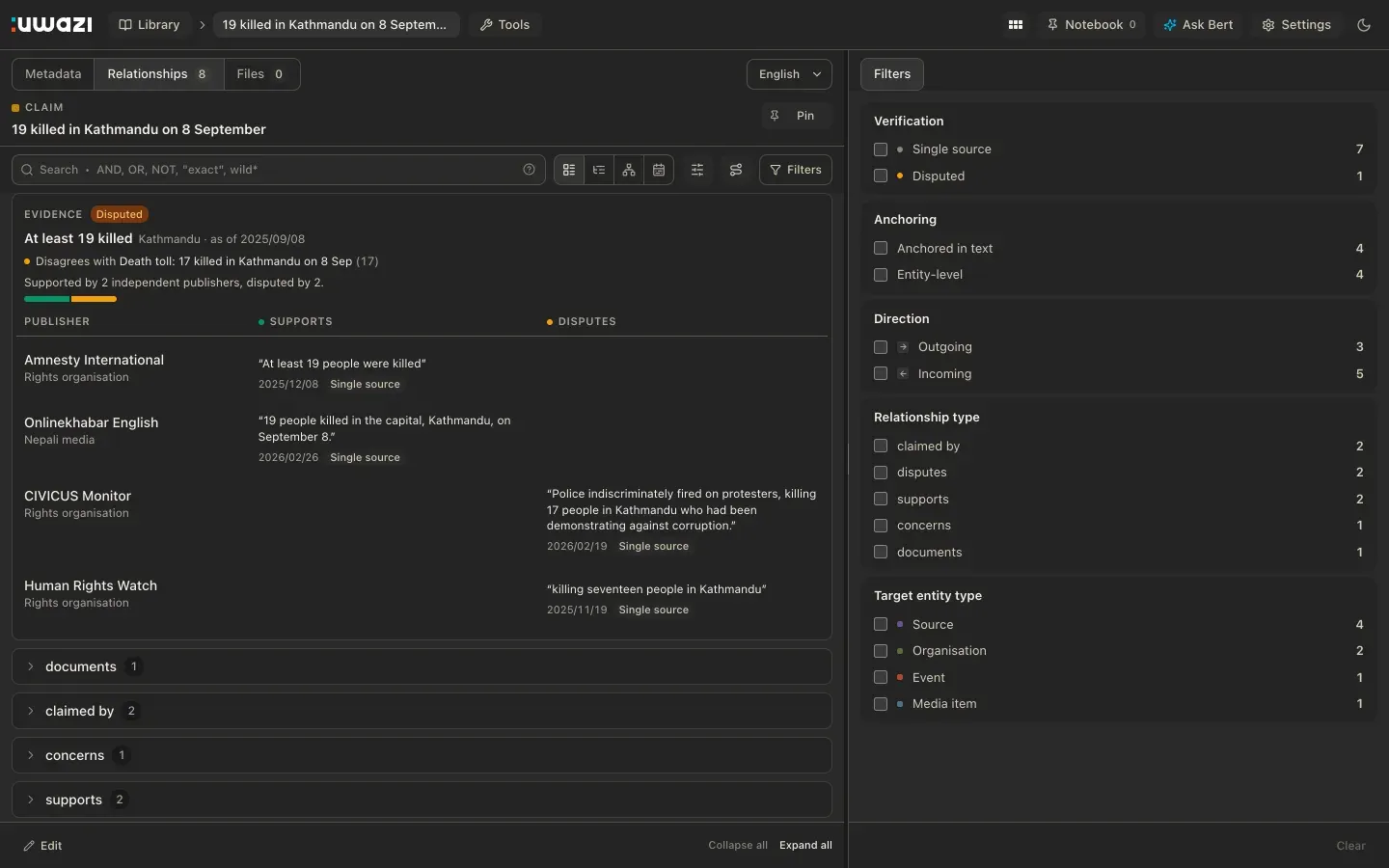A claim's Relationships tab in dark mode: publishers in rows, Supports and Disputes in columns