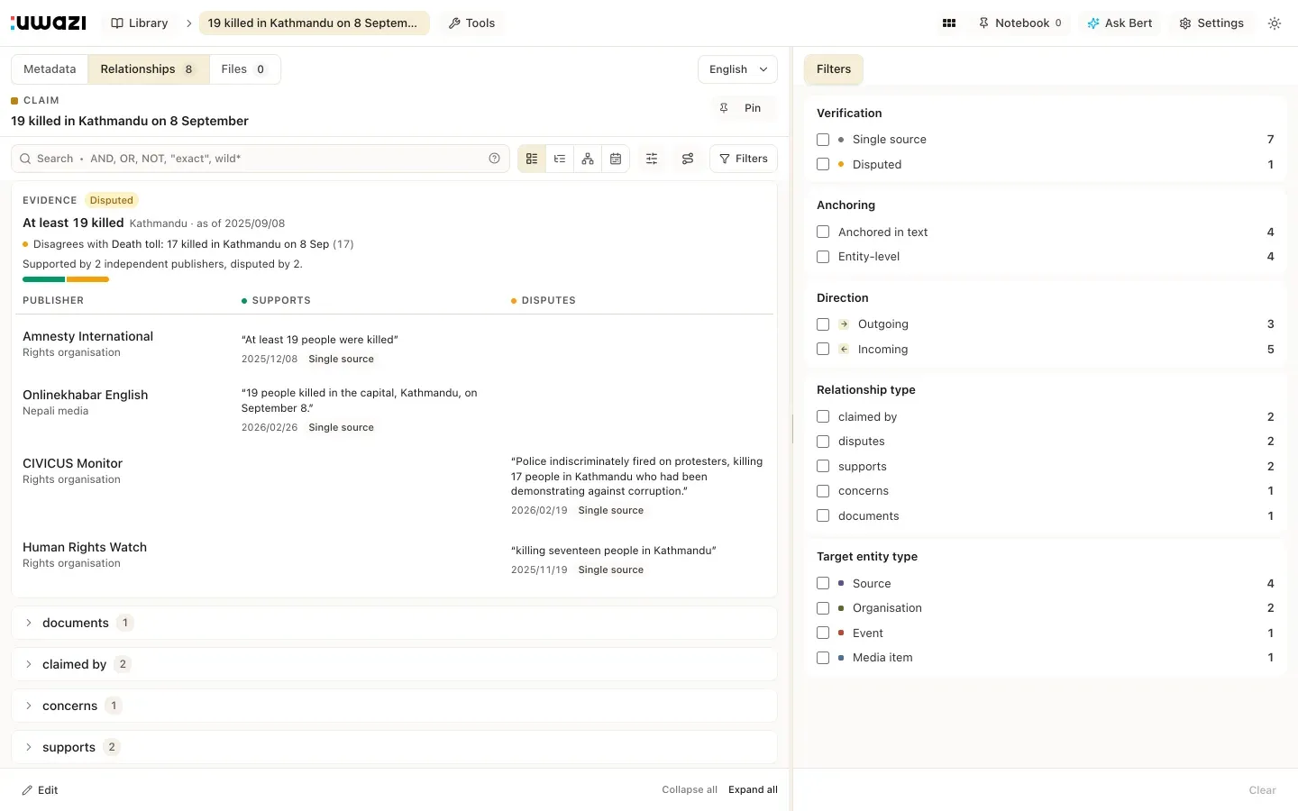 A claim's Relationships tab: publishers in rows, Supports and Disputes in columns, each cell a quote with its date and status