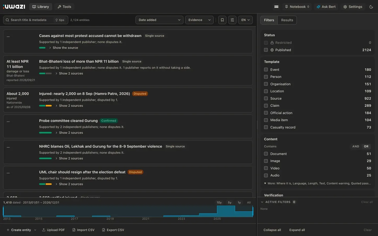 The Library's Evidence view in dark mode