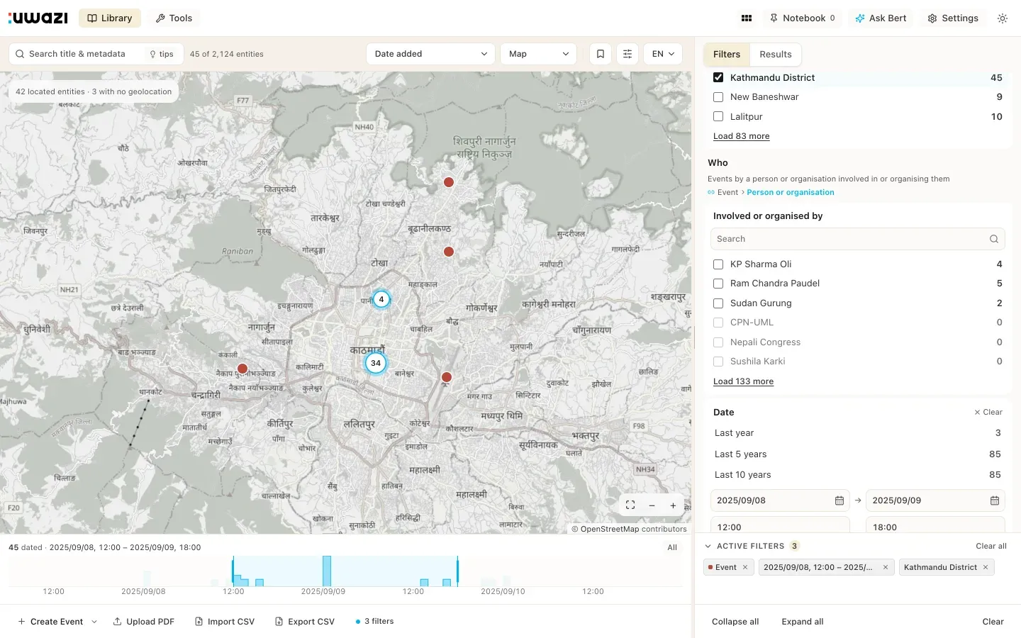 The Library map filtered to events in Kathmandu District, with the Where and Who chain filters open in the rail and the time strip under the map