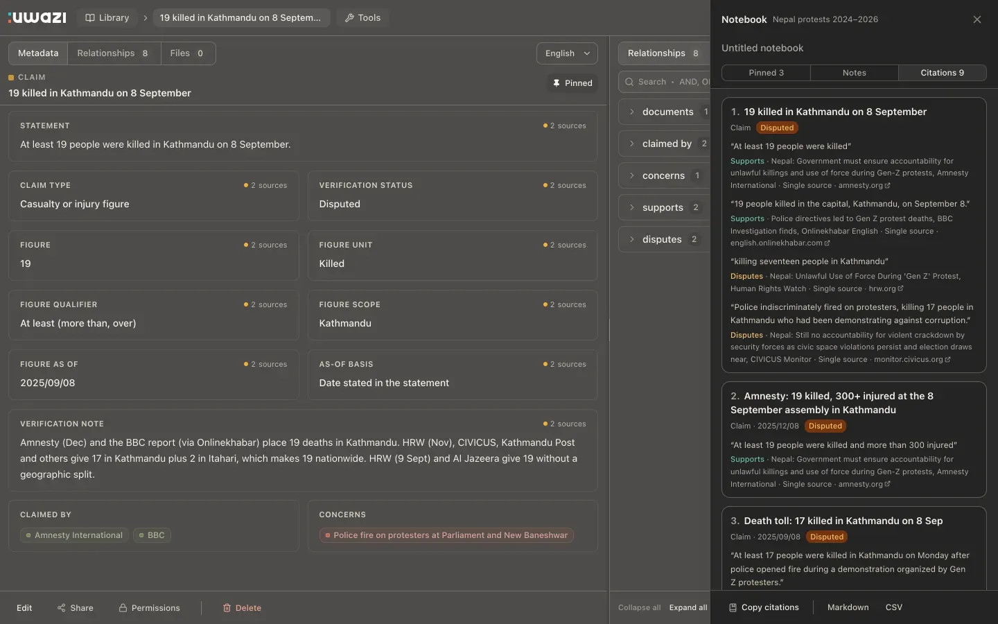 The Notebook's Citations tab in dark mode
