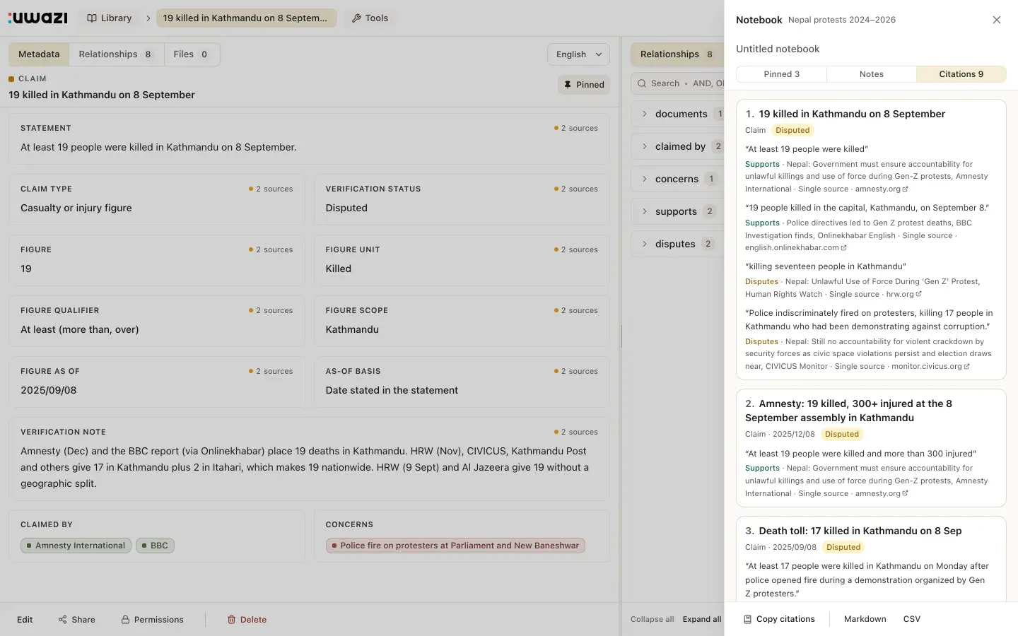 The Notebook's Citations tab beside a pinned claim: quotes with publisher, date, status and URL, and export buttons