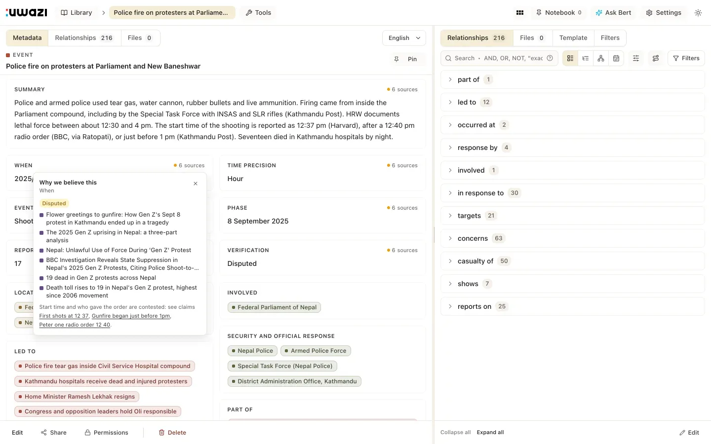 The Why we believe this popover on an event's When field, listing six sources and marking the value Disputed