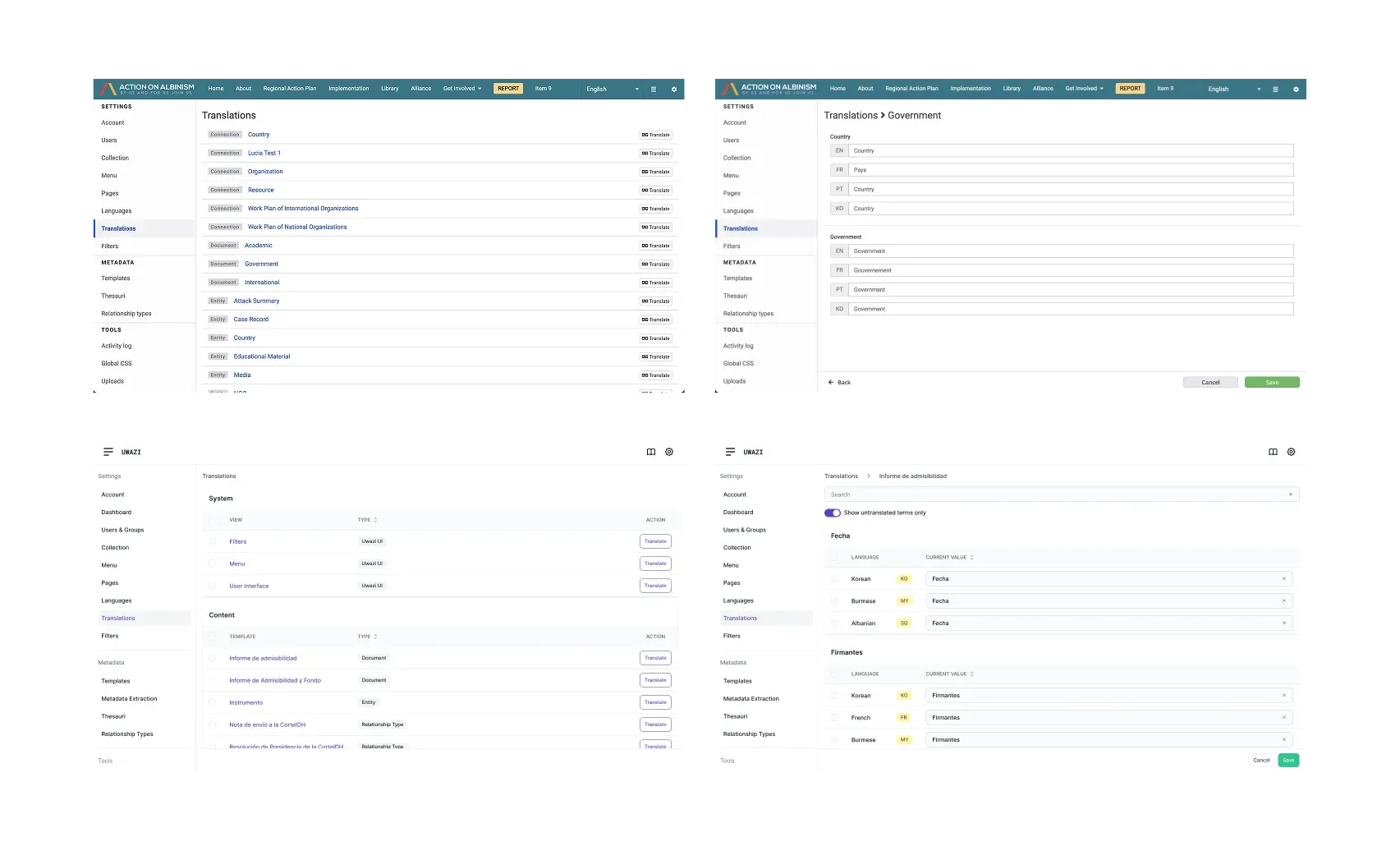 Top-down comparison of the old implementation and new screens of the translations UI