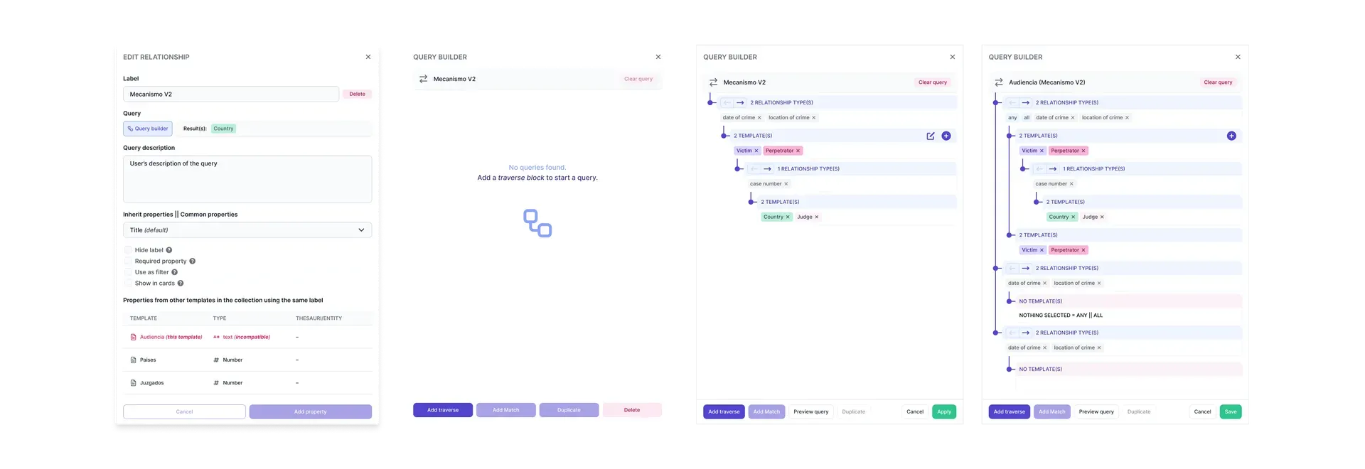 Conceptual mockup of the new relationship v2 property and its query builder UI