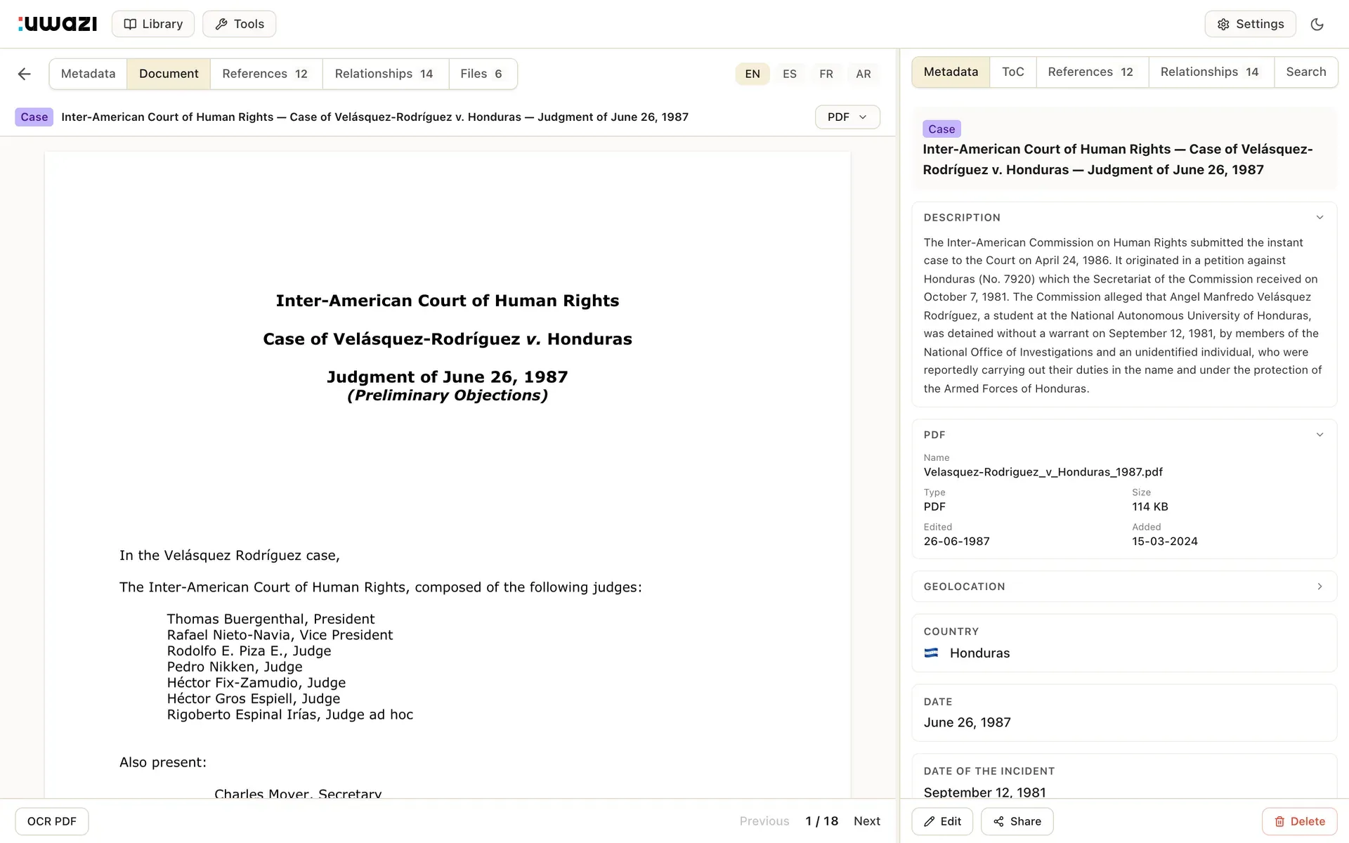 Uwazi document view